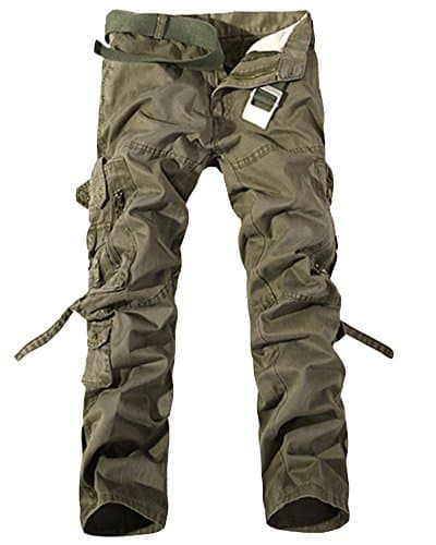 Mens Casual Solid Color Cargo Pants Loose Work Wear Multi-Pocket Trousers Army Green 34