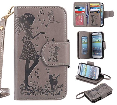 Galaxy S3 Case, CUSKING Premium Leather Wallet Stand Flip Folio Case for Samsung Galaxy S3 Protective Bumper Shockproof Case with Card Holder and Strap - Gray