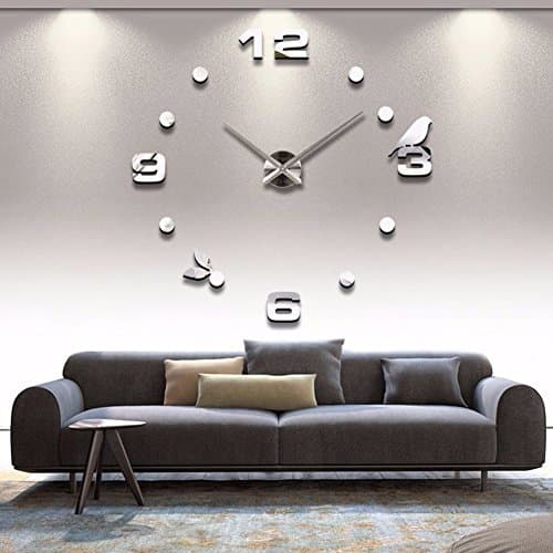 Large 3d Silver Wall Clock Silent Stickers Modern Decoration Craft Arts Creative Personality Living Dining Room Clock Self Adhesive Acrylic Mirror Stickers for Indoor Kitchen Home Office Bedroom Lounge Decor Unique Gift by Mililands (Bird)