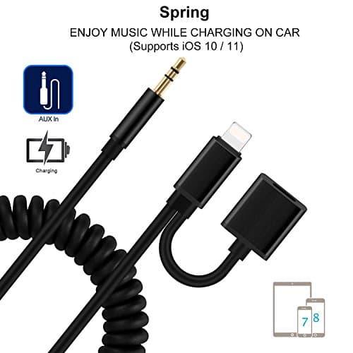 Spring Aux +Charging 2 in 1 Cord Cable for Car for iPhone 8 /iPhone 7 Lightning to 3.5mm Headphone Jack Coiled Audio Cable Adapter iPhone X,iPod,Home Stereo,Hi-Fi,Headphones,Speaker(Support iOS 11)