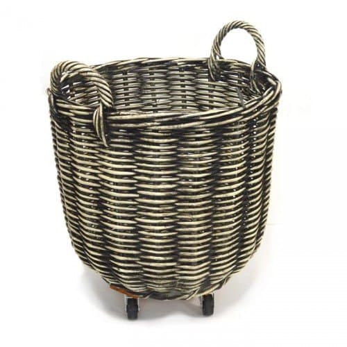 Fireside Log Basket Black & Cream Medium Round Wicker Rattan Wood Storage with Wheels