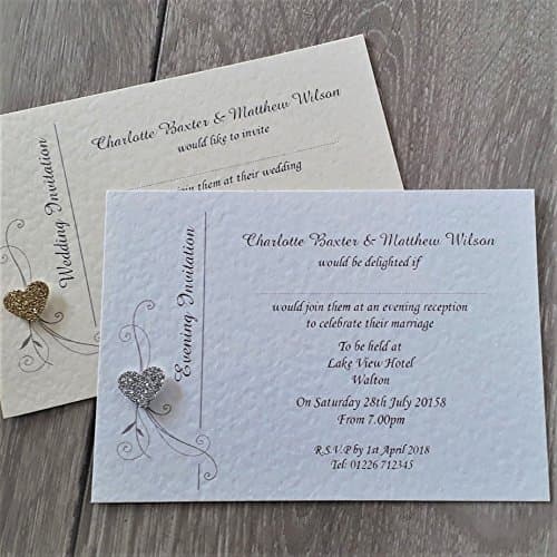 10 Personalised wedding day or evening night invitations with envelopes, Elegant glitter heart, ivory or white hammered card