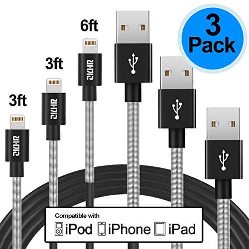 ZKHR® Lightning cable, 3Pack 3ft 6ft Spring Reinforced Lightning to USB Charger Cable Charging Cord for iPhone 7 Plus 6S 6 Plus 5S 5C 5 SE, iPad Air mini Pro and more (Space black)