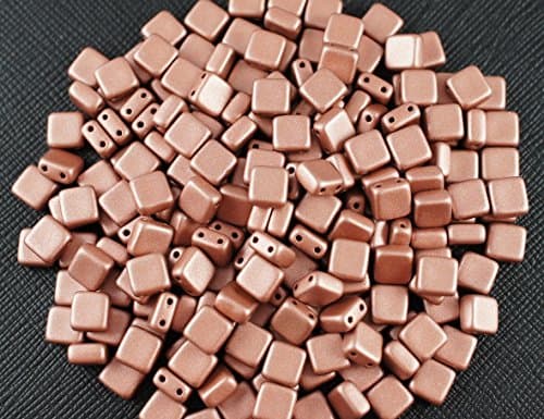 40 Pieces Czech Glass Beads Tile Two-Hole, Flat Square 6x6x2.9mm, Terra Metallic Rosaline Matte