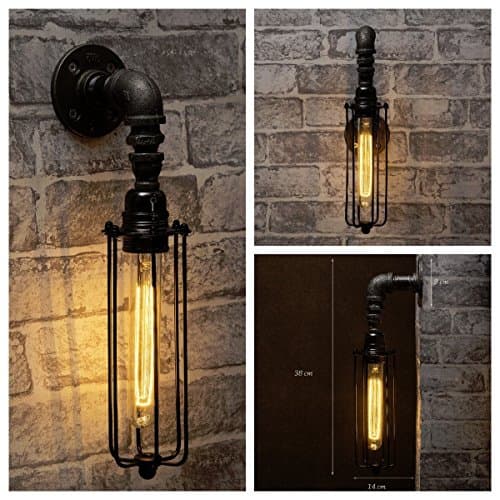 Black industrial iron pipe wall light with cage & bulb