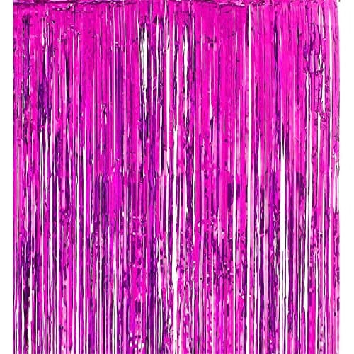 Weeshare Hot pink 3.2 ft x 9.8 ft Metallic Tinsel Foil Fringe Curtains for Party Photo Backdrop
