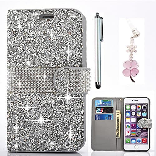 iPhone X Slim Case 5.8 inches, Bonice Shock Resistant Touch Flip Folio Case Cover Protective Slim Thin Case Bumper PU Leather Magnetic Diamond Buckle View Stand Feature Case Organizer 3D Shiny Glitter Crystal Rhinestone Bling Shining Wallet Case + Stylus Pen + Flower Dust Proof Plug - Silver
