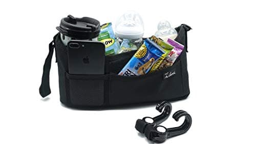 Stroller Organizer with Two (2) Insulated Cup Holders -Universal and Unisex with Large Storage Space for Diapers,Toys, Keys, Phone + Stroller Hooks- by Zikori