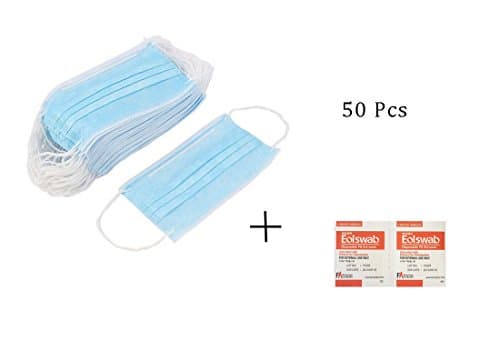 50 Pcs Disposable 3-Ply Earloop Face Mask Dust Filter Mouth Cover, 10 Pieces Alcohol Pads Included (Blue)