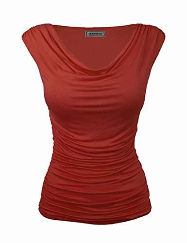 CLEMONCE Double Lining Cozy Cowl Neck Ruched Side Fitted Top S to 3XL