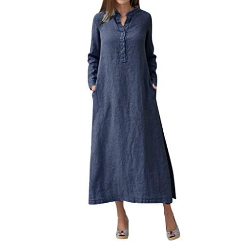 iPOGP Women Kaftan Cotton Linen Solid Long Sleeve Button Plain Casual Elegant Oversize Maxi Shirt Dress Plus