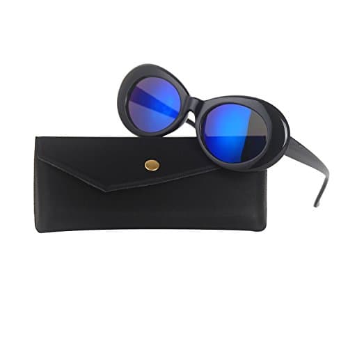 Clout Goggles Bold Retro Oval Mod Thick Frame Sunglasses Kurt Cobain Inspired Sunglasses Round Lens (Black / Blue Mirror)