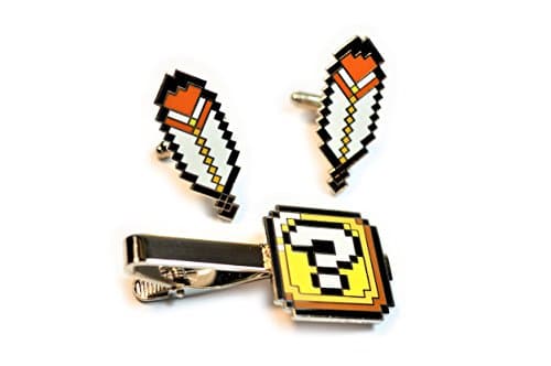 Super Mario World ? QUESTION BLOCK BOX Tie Bar Clip Pixel SNES Suit Wedding CAPE FEATHER Cuff Links CUFFLINKS SET