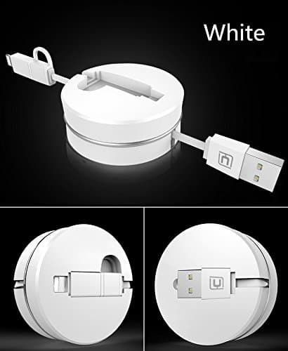 Retractable Sync 2-in-1 USB Cable with Lightning &amp; Micro USB Connectors 3.3Ft Retractable Quick Charging Data High Speed Adapter Cable for iPhone 5s 6 6s Plus, iPad, iPod, Android Phones (White)