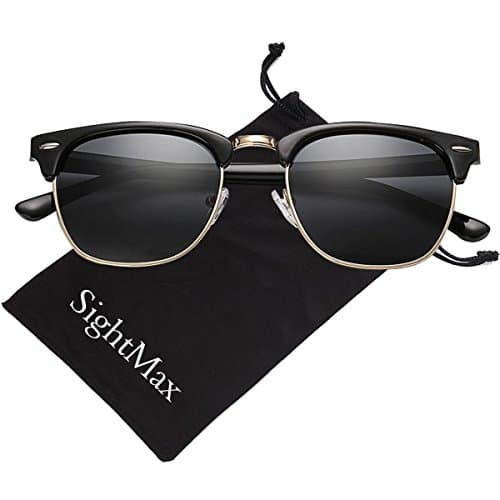 SightMax Polarized Retro Classic Half Frame Semi-Rimless Border Sunglasses (Dumb Black Frame/Black Lens, 50MM)