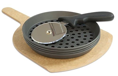 LloydPans Kitchenware 8 Inch Perforated Pizza Pan and Cutting Board Party Set