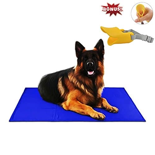 Free Paws Cooling Mat, Cooling Pad, S/M/L Available Comfort Cooler Non-Toxic Gel Mat for Kennels, Crates, Beds w/Pet Muzzle (30" x 40", Blue)
