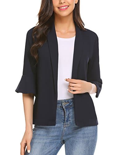 Gfones Women's Casual Open Front Work Office Jacket Ruffles 3/4 Sleeves Blazer