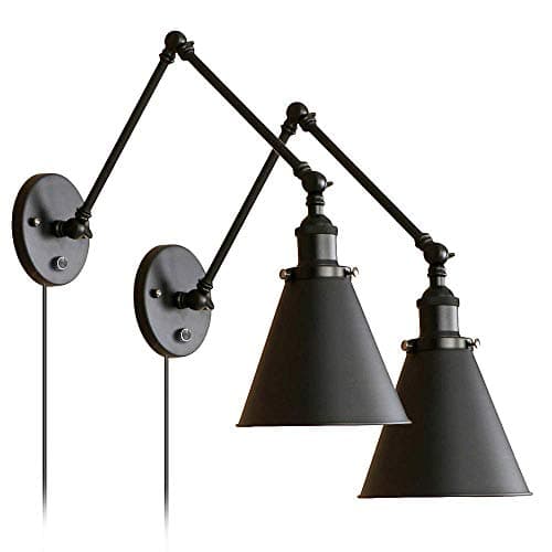 Industrial Black Wall Lights Adjustable Arm with Switch for Bedroom Sconce Fixture Metal Plug-In Wall Lamp Set of 2