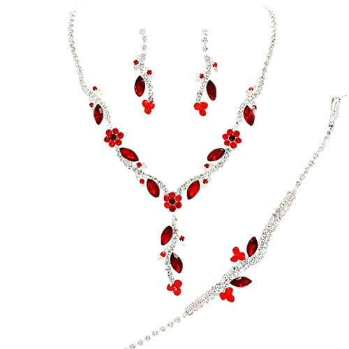 Y Drop Pretty Ruby &amp; Dark Red Floral Crystal Prom Bridesmaid Wedding Necklace Jewelry Set DO5