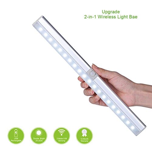 Motion Sensor Light,GLIME Cabinet Light with Adjustable PIR Sensor Under Closet Lights Bar 20LED Portable Wireless Stick on Anywhere Night Lights Battery Operated USB Rechargeable Lamp Easy to Install