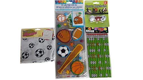 Sports Themed (4) Item Goodie - Bag Bundle Pack includes (12) Soccer Pencils (1) Soccer Bandana (1) 3 Pack of Sports Keychains and (25) Treat Bags with Twist Ties