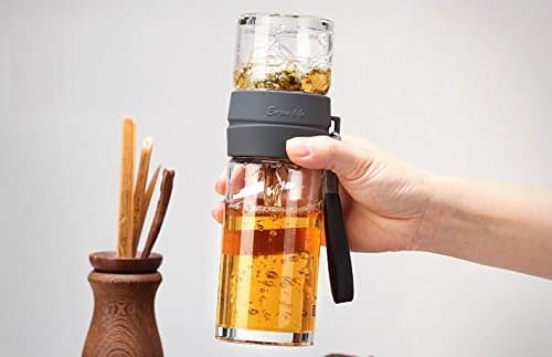 iRSE Tea Infuser Bottle 2 pieces glass with plastic handler and stainless steel strainer for loose leaf tea maker travel thermos teapot filter ice drink fruit water herbs spices detox 11 oz (Grey)