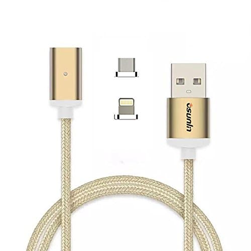 Osunlin 2 in 1 Strong Magnetic Adapter Micro Usb and Lightning 3.3ft Best Charging and Data Cable Sync Cord with LED Indicator for Android and Apple Devices (Gold)