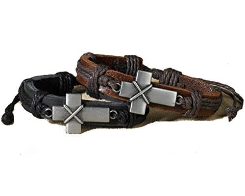 Stylish Bold Adjustable Cross Leather Bracelets - 2 Per Order - Brown &amp; Black
