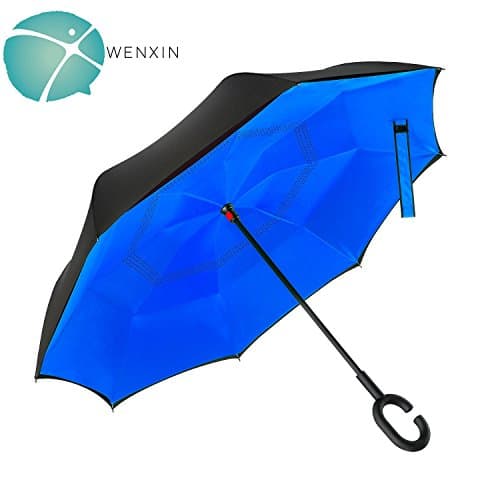 WENXIN Double Layer Inverted Umbrella with UV Protection, C-hook Reverse Folding Umbrella, Windproof for Hands Free, for Car Use, Golf, Large (Sapphire Blue)