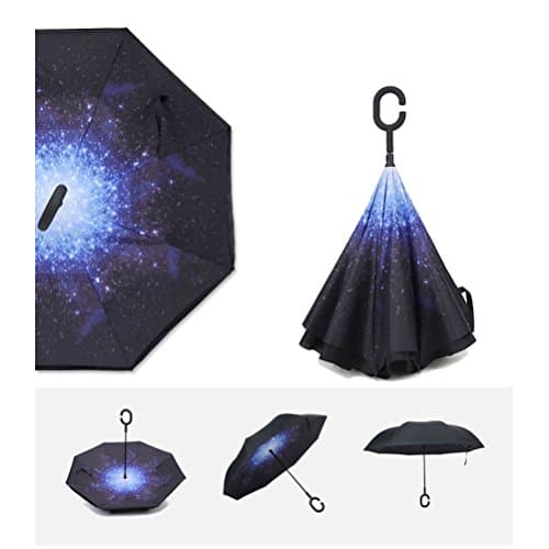 ADJOY9 Reverse/Inverted Double-Layer Self-Standing UV-proof Straight Rain Umbrella - Star-sky Blue
