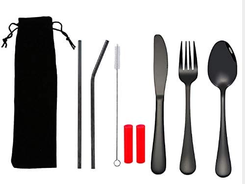 Benrise Creative Titanium-Plated Convenient Tableware Set of 6 304 Stainless Steel Set Straws Spoons and Forks Outdoor Travel Tableware Reusable Tableware (Black)