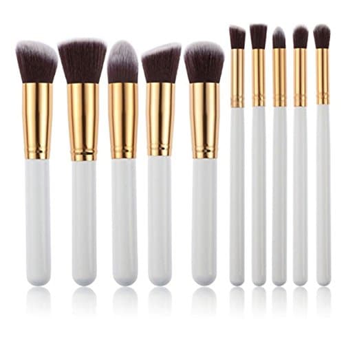 Professional Cosmetics 10 pcs Makeup Brushes Set Foundation Blending Makeup Brush Set Synthetic Kabuki Blush Eyeliner Face Powder Lip Brush Makeup Brush Kit (White Golden)