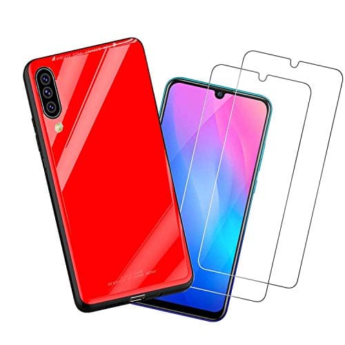 WUFONG case compatible Samsung Galaxy A70,creative soft frame glass phone case,all surrounded by mobile phone case,send 2 pieces of tempered glass film-red