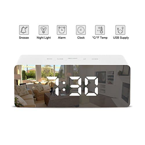 Digital Clock, JINRUCHE Portable High Definition Mirror Alarm Clock LED Displays with Snooze, 2 Levels Adjustable Brightness Displays Time, Date, Temperature and Humidity Function for Bedroom (White)