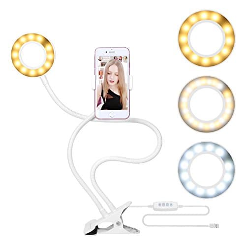 GUDUO Table Desk Lamp with Usb Selfie Led Ring Light in Different Colors Flexible Metal Stand for Iphone 4s 5 5s 6 6s 7 7s 8 Mobile Phone Picture Video Clip Holder (White)