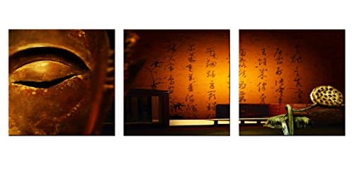 SimonfineUs 3 panel Wall Art Buddha Statue Lotus seeds and Buddhist scriptures Painting Pictures Print On Canvas For Home Decor (16x16inx3pcs,Wood Framed)