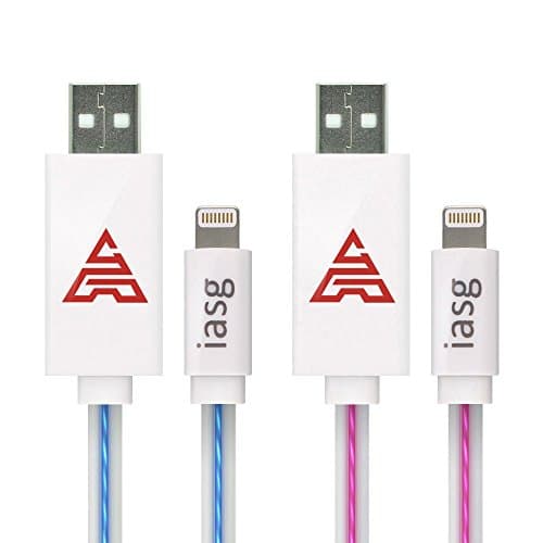 Iasg [MFi Certified] 2xPack Flat Visible LED Lighted Up Charging Lightning to USB Cable for Apple iPhone 5s 6s iPhoneSE iPad iPod-3.3FT(1 meter)-Blue/Pink Purple Light