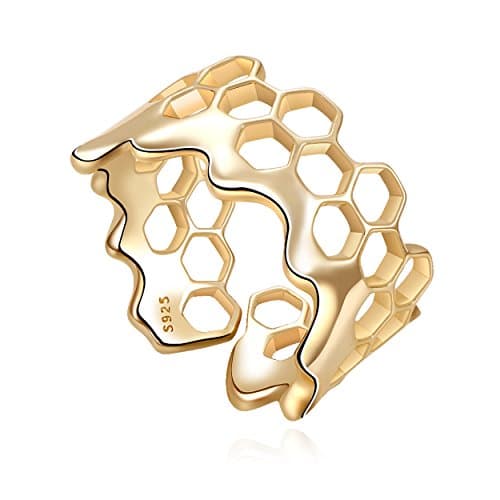 S925 Sterling Silver Honeycomb Geometry Gold-plated open Ring Adjustable Gift Jewelry