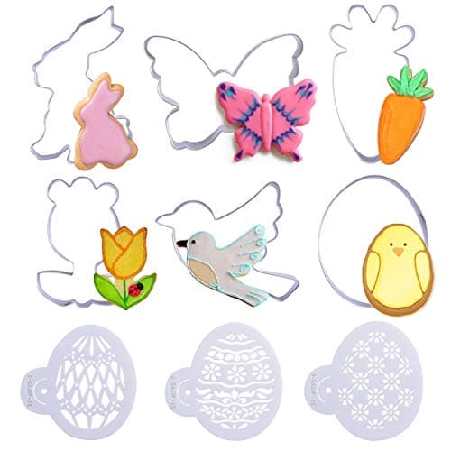 Easter Cookie Cutters Egg Bunny 6 PCS Stainless Steel Cake Biscuit Pastry Moulds Fondant Cutters and Molds for Baking Rabbit Carrot Bird Bunny Egg Flower Butterfly Decorations with Stencil