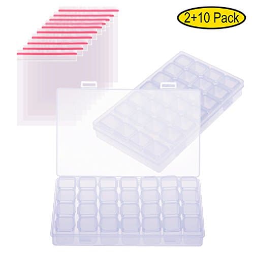 2 Pack 28 Slots Diamond Embroidery Box with 10 Plastic Bags, Adjustable Nail Storage Case Bead Organizer, Diamond Painting Rhinestone Accessories for DIY Art Craft Sold by Elegant House
