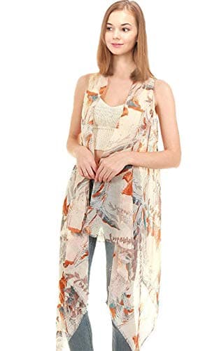 CCFW Various Pattern Printed Long Scarf Vest with Uneven Hem Animal Paisley