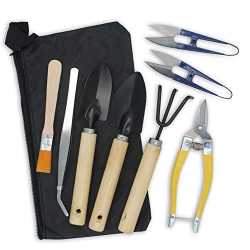 KNASI Bonsai Tree Tools Kit, Succulent Bonsai Tool Starter Kits, Mini Garden Tools, Indoor Gardening Tools Set 8 pcs -Include Pruner, Scissors, Mini Rake, Bud, Cleaning Brush & Leaf Trimmer