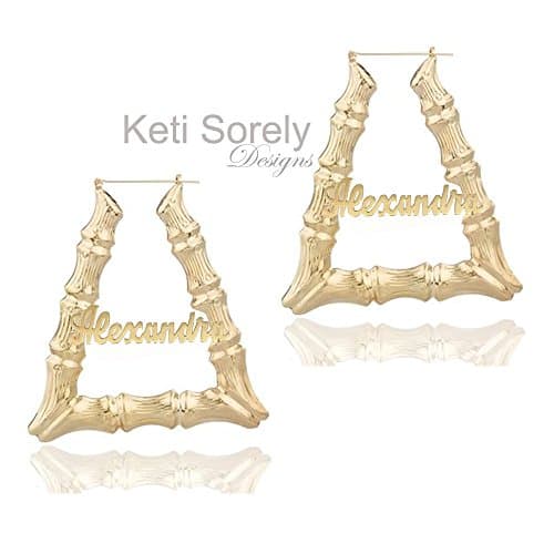 Triangle Bamboo Earrings with Nameplate, Gold Hoops.