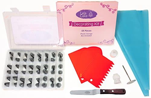 Complete Cake Decorating Tips Kit- 58pc- Professional Stainless Steel Icing Tips- Reusable Silicone Piping Bags --Limited time OFFER-- Spatula &amp; Cake Smoother Scrapers Baking Tools DYI Value Pack
