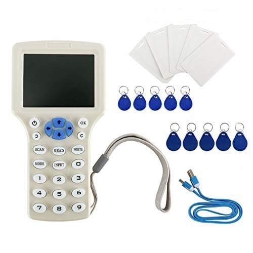 10 Frequency Radio Frequency Identification NFC Card Reader Writer Copier Duplicator for ID IC Cards and All 125kHz Cards +5pcs ID 125khz Cards+5pcs ID 125kh keyfobs+5pcs 13.56mhz UID Key +1USB