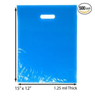 500 Pack 12" x 15" with 1.25 mil Thick Blue Merchandise Plastic Glossy Retail Bags | Die Cut Handles | Perfect for Shopping, Party Favors, Birthdays, Children Parties | Color Blue | 100% Recyclable