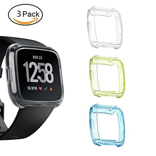 Yavive Fitbit Versa Soft TPU Cover Case,Accessories Protective Case Frame Cover Shell for Fitbit Versa Smart Fitness Watch Clear Black Tangerine Blue Lime Pink (Set-3)