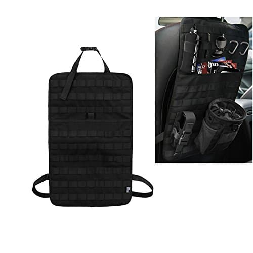 Tactical MOLLE Vehicle Front Seat Storage with Bottle/Flashlight/Recycle Pouch Car Seat Back Organizer Seat Cover Protector Universal Fit Multicolor (Black/Tan)