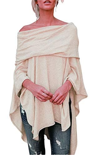 Womens Off Shoulder Irregular Hem Soft Knitted Poncho Sweater Pullovers